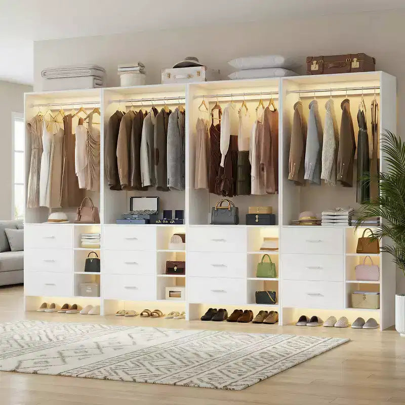 Besiost Set of 4 Closet Organizer with Wooden Drawers and Hanging Rods