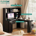 L Shaped Desk with outlet, Computer Desk with Drawers, Bookshelf & Hutch, Modern Corner Desk, Home Office Desk