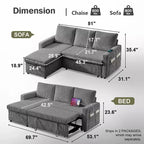 Dyonery 81 Sectional Sleeper Sofa, L-Shaped Pull Out Couch with Reversible Storage Chaise, USB, Reclining Backrest