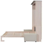 Queen Size Murphy Bed with Sofa, Wooden Queen Cabinet Bed Wall Bed with LED Light, Folding Wall Chest Bed with for Guest Room, Beige