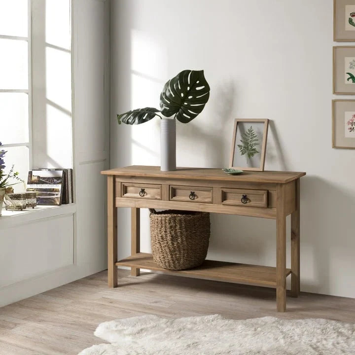 Rustic Solid Pine Console Hall Table, White Wash / Antique Brown / Gray Wash / Unpainted, 3 Drawers