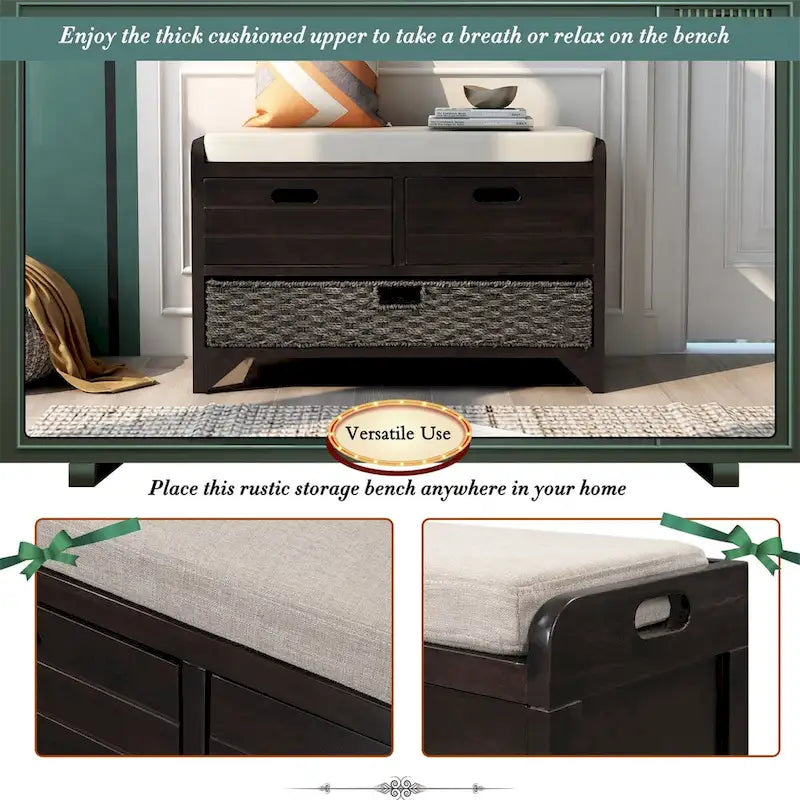 Wood Storage Bench with 2 Woven Baskets