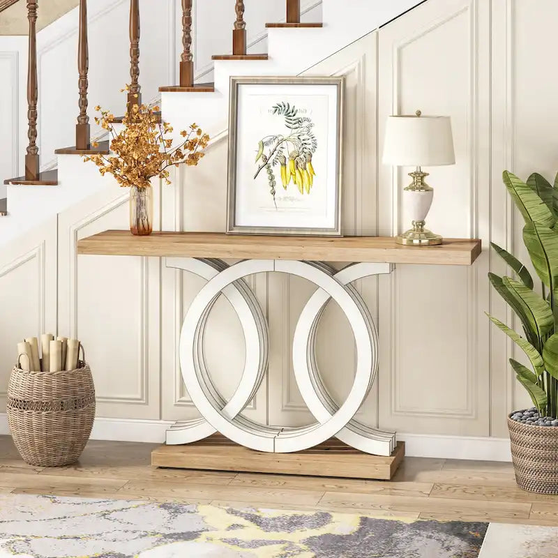 Vintage Console Table with Geometric Base Wooden Hallway Table