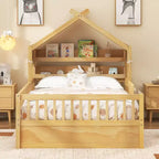 ModernLuxe Twin/Full Size Wooden House Bed with Storage Headboard, Solid Pine Kids Bed Frame with Guardrails