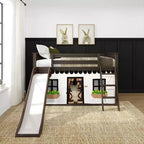 Twin Over Twin Low Bunk With Easy Slide & Black & White Farmhouse Curtain