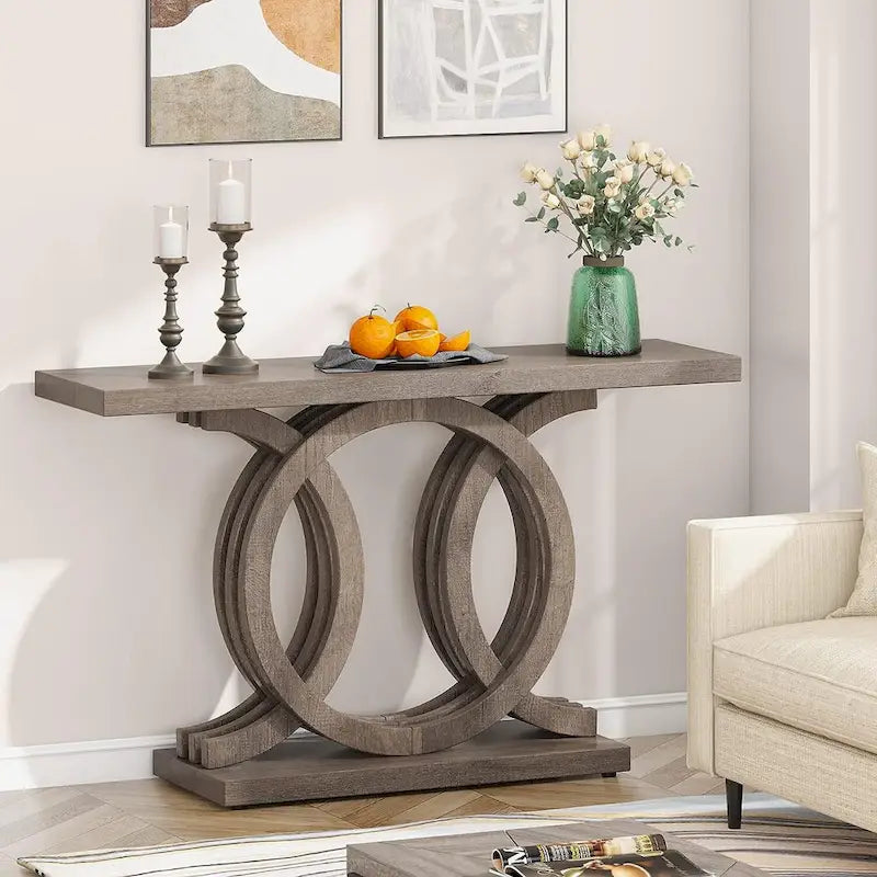 Vintage Console Table with Geometric Base Wooden Hallway Table
