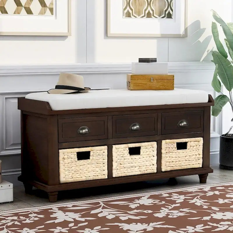 Rustic Storage Bench with 3 Drawers and 3 Rattan Baskets, Shoe Bench for Living Room, Entryway