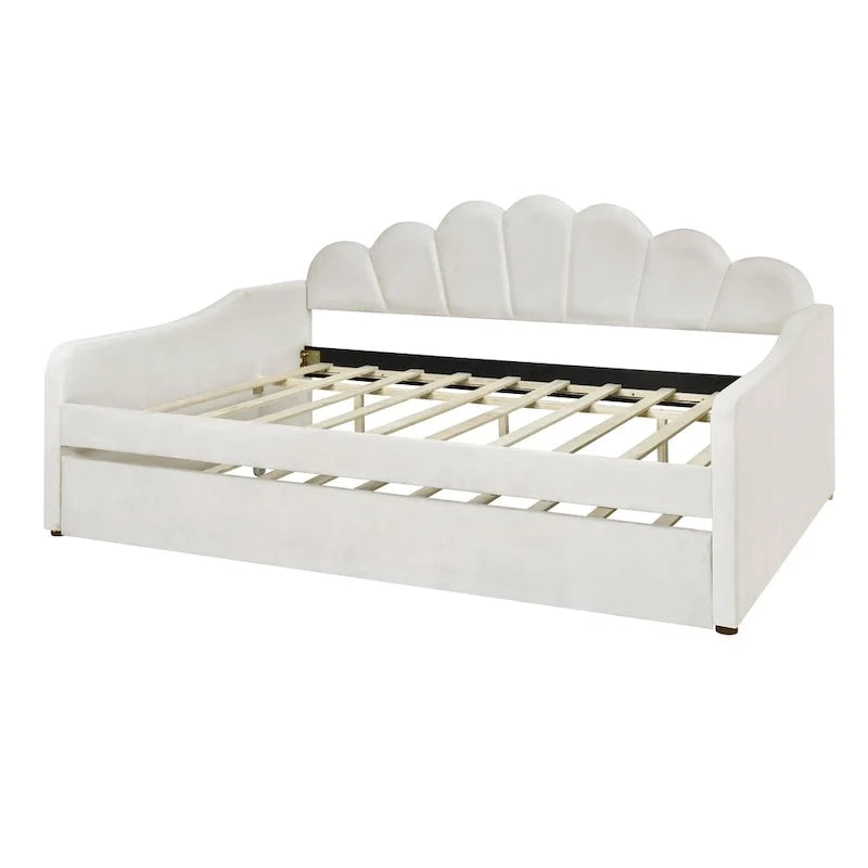 Full Size Upholstered Daybed with Shell Backrest and Trundle