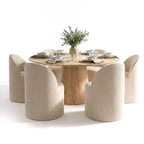 Modern Dining Table Set For 6, Round Pedestal Dining Table, Swivel Rolling Barrel Chairs With Wheels, Textured Chenille- Panipeachy