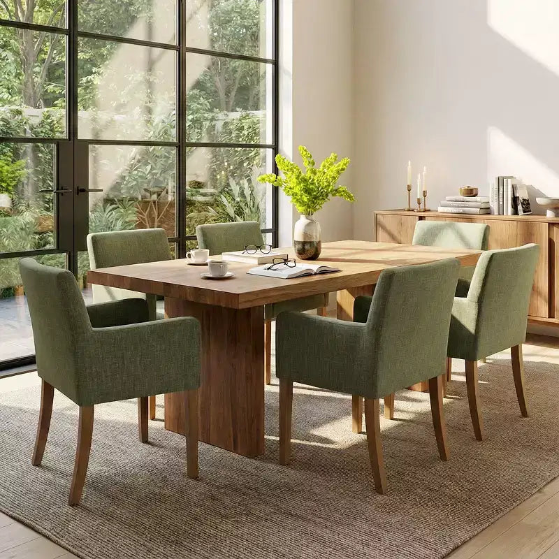 Set of 6 Upholstered Dining Chairs with Arms, Modern Linen Armchairs with Wooden Legs, Accent Chairs for Dining Room, Living Room - Panipeachy