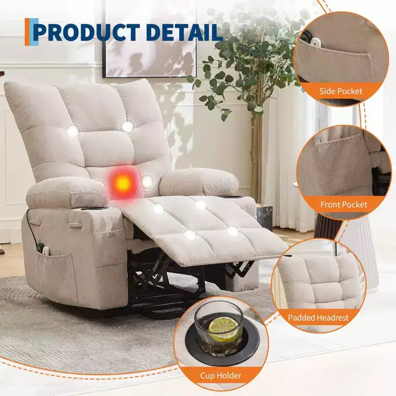 Power Lift Recliner Chair for Elderly with Massage and Heat, Oversized Massage & Heat Recliner with Soft Padded Upholstery, Side Pocket & Cup Holders