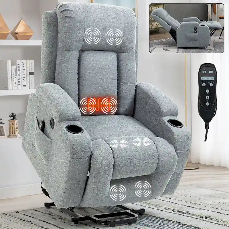 Power Lift Recliner Chair, Modern Single Motor Massage Sofa Chair with Lumbar Heating, USB Charging Port, Cup Holders