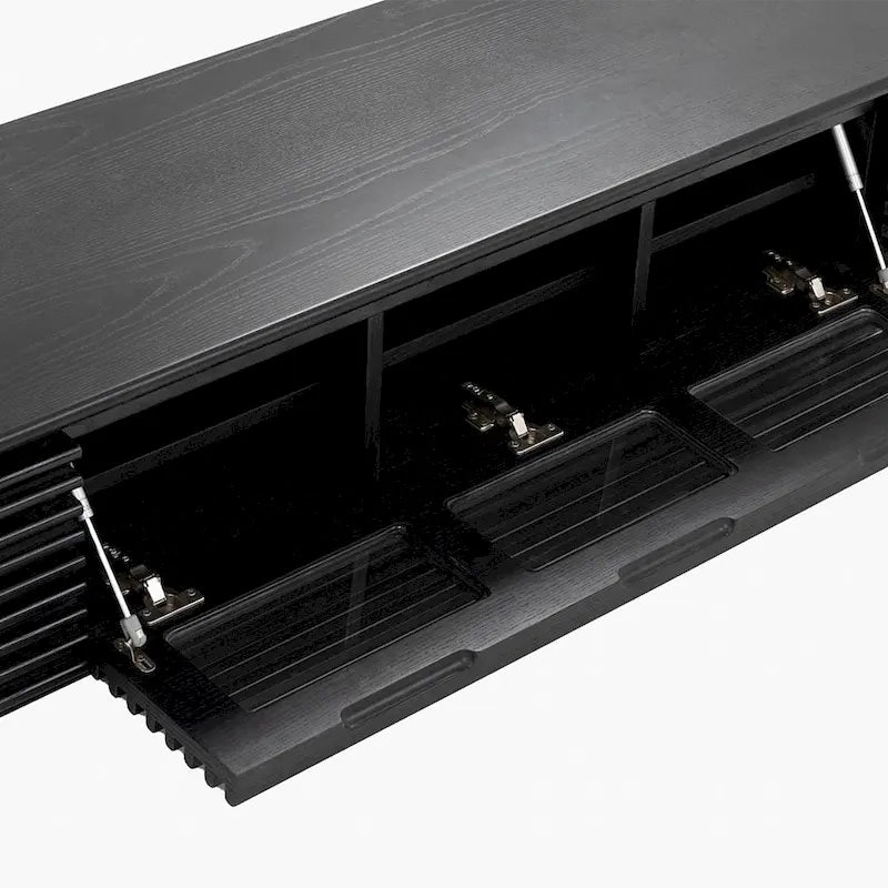 Minimalist TV Stand with DrawersSolid Wood Media Console with Cabinets, Flip-down Door, Walnut Veneer, Fully-Assembled