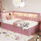 Twin/Full Daybed with Trundle and L-Shaped Bookshelf Headboard, Linen Upholstered Soft Corner Bed with Storage Shelves and LED Belt