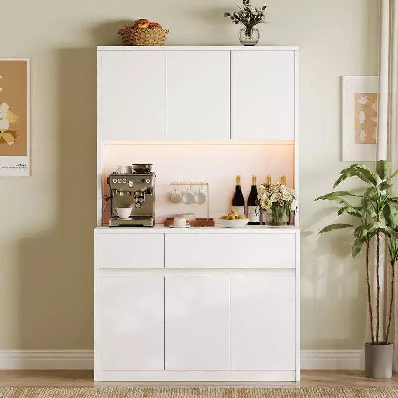 71 inch Kitchen Pantry Cabinet, Hutch Storage with Led Lights and Power Outlets, Buffet Cabinet with Microwave Stand, Adjustable Shelves