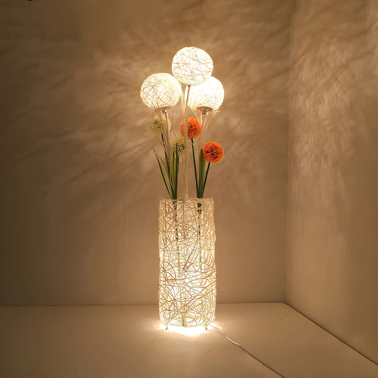 Plug In Column LED Rattan Floor Lamp for Living Room