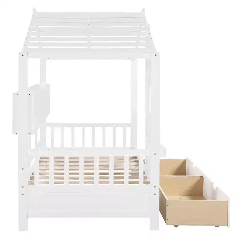 Twin/Full Size Wooden House Bed with 2 Drawers, Kids Bed with Storage Shelf - ModernLuxe