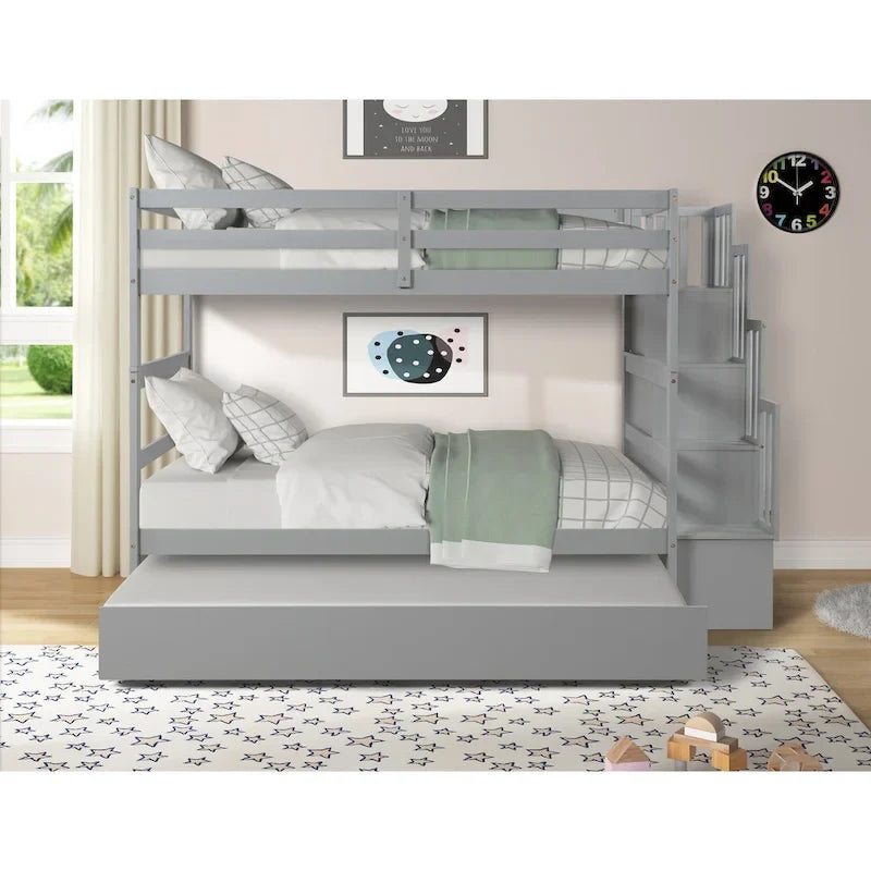 Twin over Twin Bunk Beds With Twin Trundle and Stairway Storage Function in Grey Color