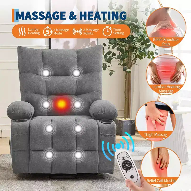 Power Lift Recliner Chair for Elderly with Massage and Heat, Oversized Massage & Heat Recliner with Soft Padded Upholstery, Side Pocket & Cup Holders