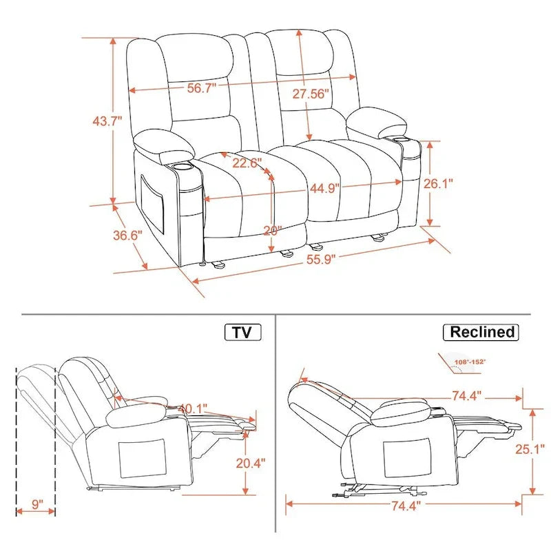 MCombo Power Reclining Loveseat Sofa with Heat and Massage, Fabric PR648