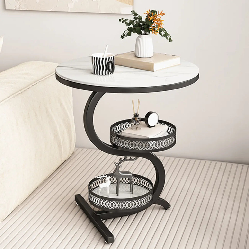 White Stone 3-Tier S-Shaped Sofa Side Table with Storage