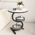 White Stone 3-Tier S-Shaped Sofa Side Table with Storage