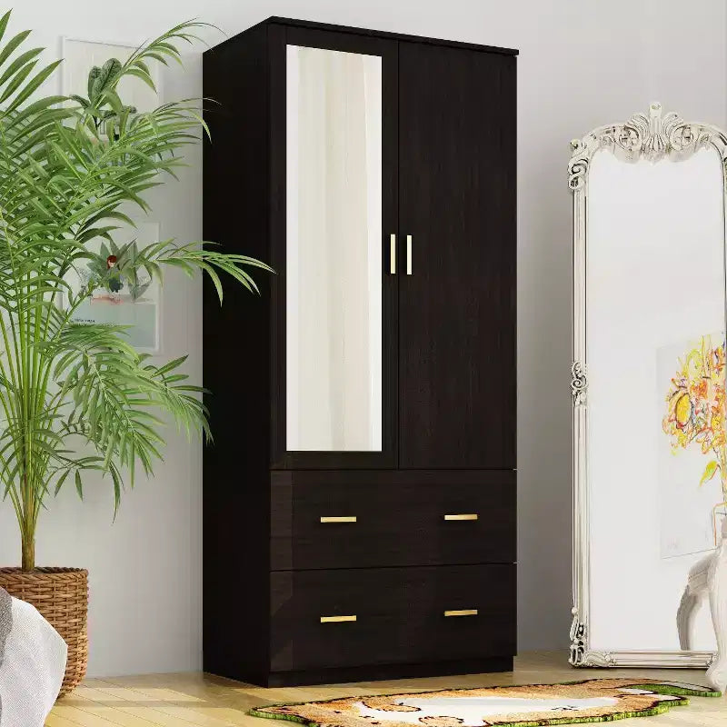 Hitow Armoire Double Drawer Mirrored Door Closet Zoned Storage