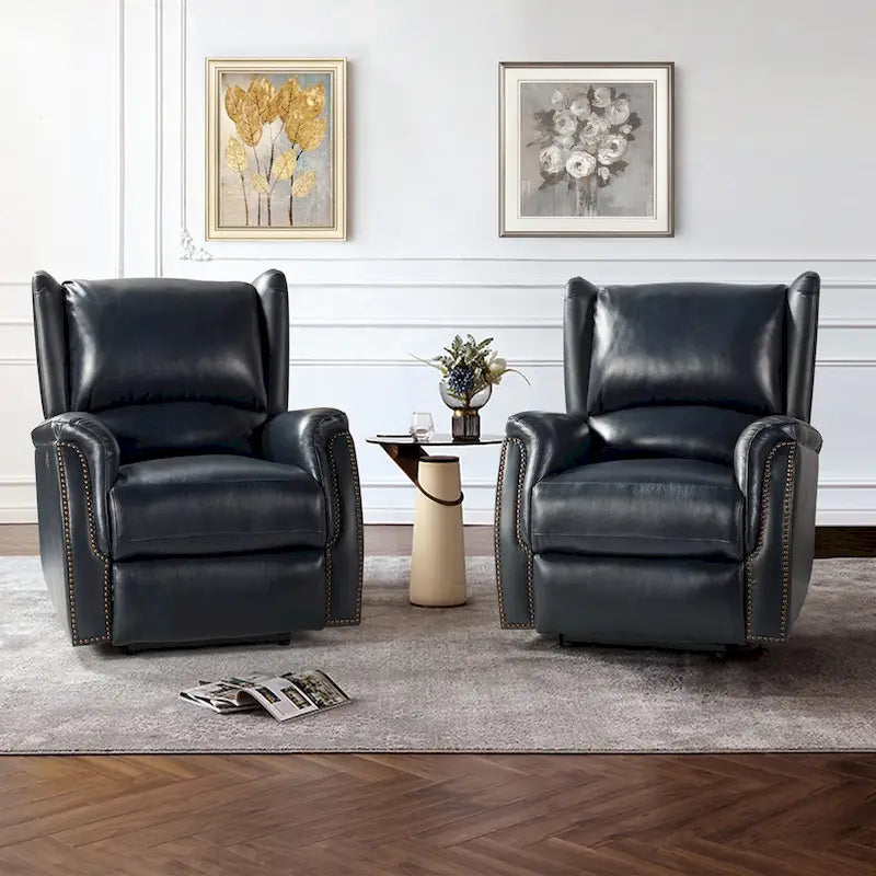 Genuine Leather Power Recliner with USB Port – Wingback Nailhead Set of 2