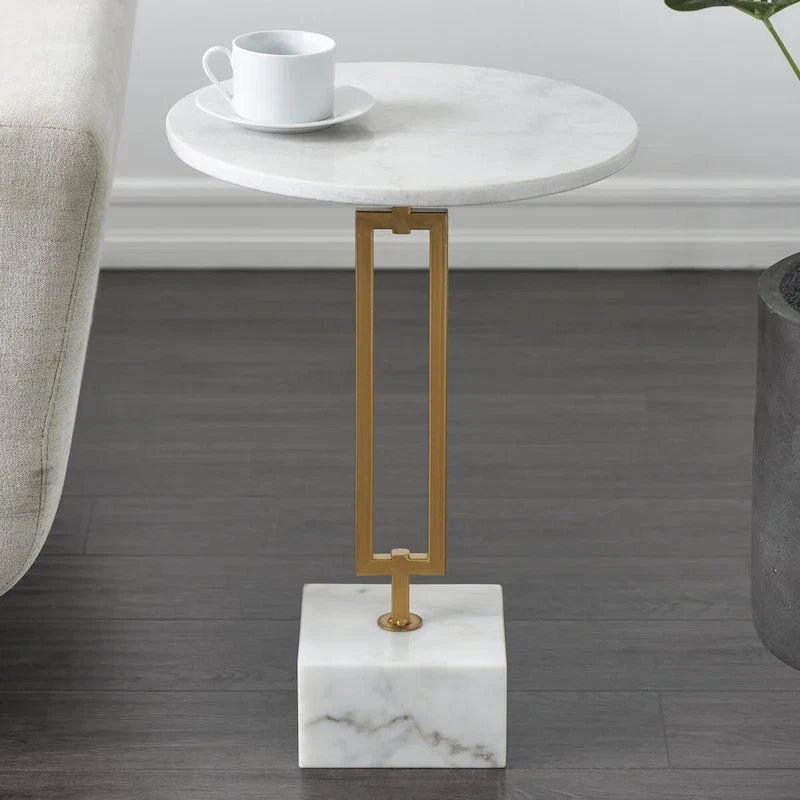 Marble Geometric Side End Accent Table with Gold Metal Rectangular Stand - White