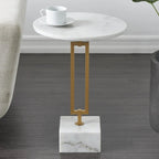 Marble Geometric Side End Accent Table with Gold Metal Rectangular Stand - White