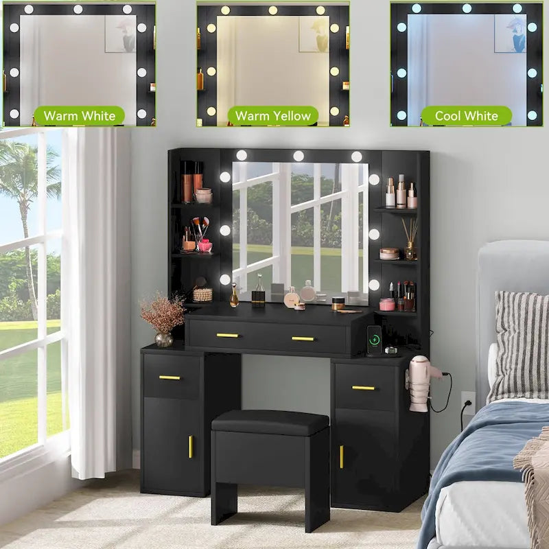 Vanity with Built-In Outlets and Lighted Mirror, 55.1H x 43.3L x 15.74W