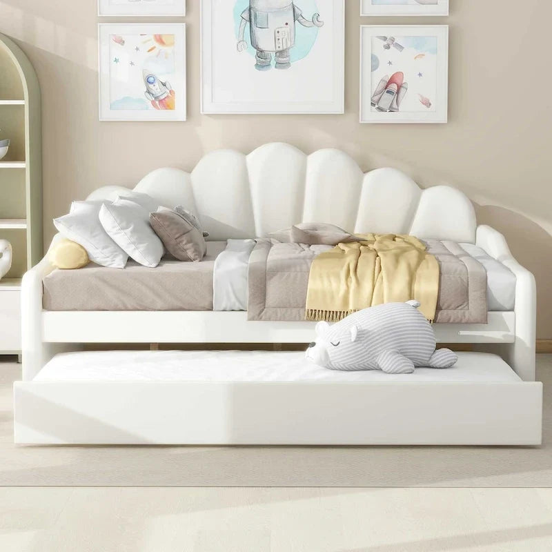 Full Size Upholstered Daybed with Shell Backrest and Trundle