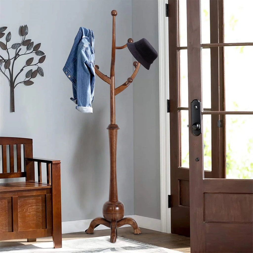 Porte-manteau sur pied en bois d'hévéa à motif de branches d'arbre avec 8 crochets - 24,5 l x 70,87 h