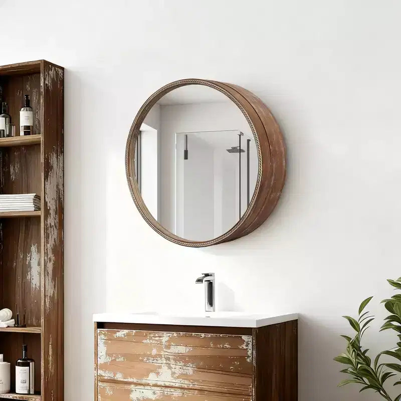 GDFStudio Norvyn 23.6 Round Wall Mirror with Sliding Storage Cabinet