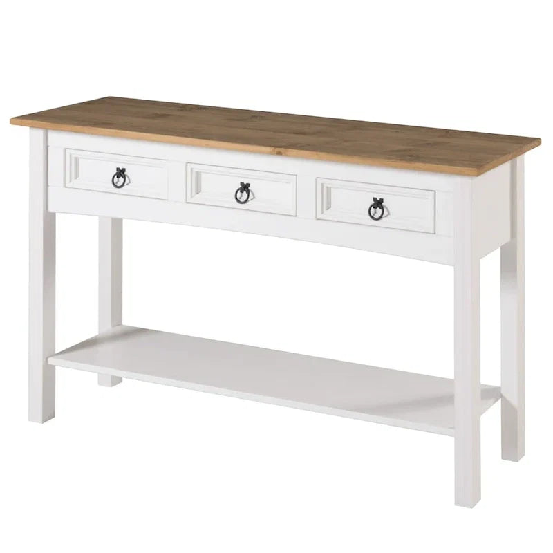 Rustic Solid Pine Console Hall Table, White Wash / Antique Brown / Gray Wash / Unpainted, 3 Drawers