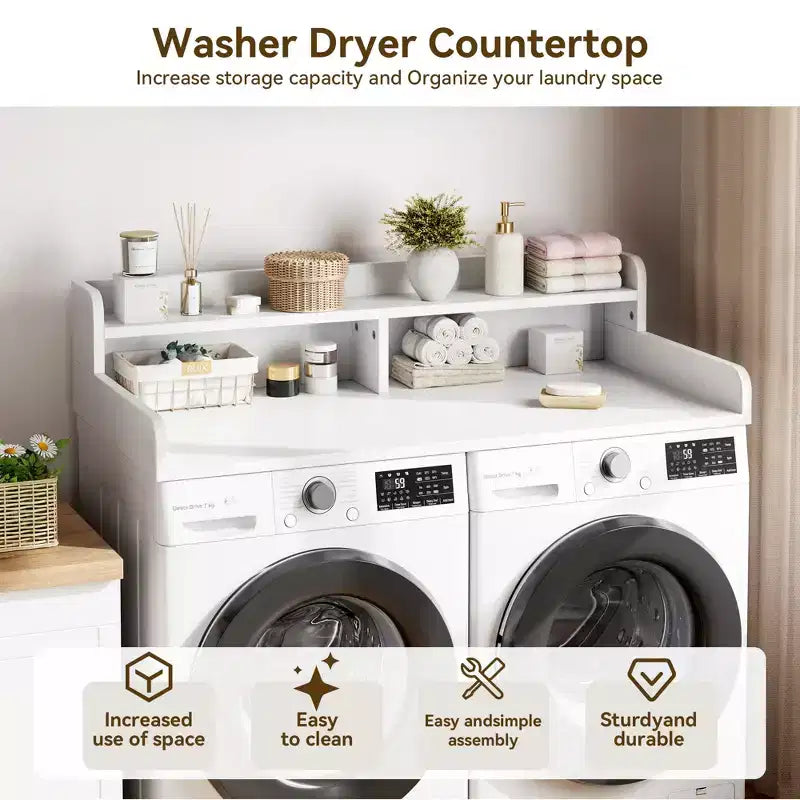 2-Tier Washer and Dryer Countertop with Shelf or Drawers, Laundry Countertop Cover with Non-Slip Pad, 54X27.5 Laundry Topper for Folding Clothes