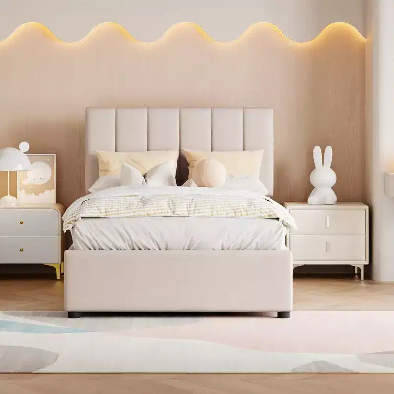 Bellemave Twin Size Lift Up Storage Bed,Upholstered Platform Bed with Hydraulic Storage System,Vertical Stripe Headboard,Beige