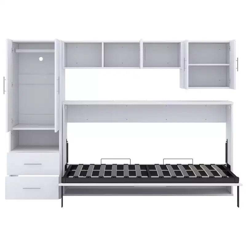 Twin Size Murphy Bed Wall Bed Frame, Wood Cabinet Bed with Built-in Wardrobe, Storage Drawers and Open Shelves, White -ModernLuxe