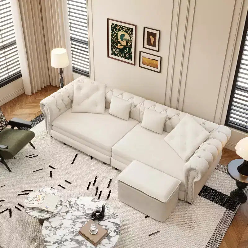 Whisen Velvet 3-in-1 King Size Pull-Out Sofa Bed & Convertible Sleeper Sofa with Movable Ottoman, Tufted Design