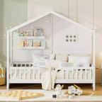 Twin Size House Bed with Storage Shelves and Rails, Wood Kids Montessori Bed Frame with Window and Sparkling Light Strip