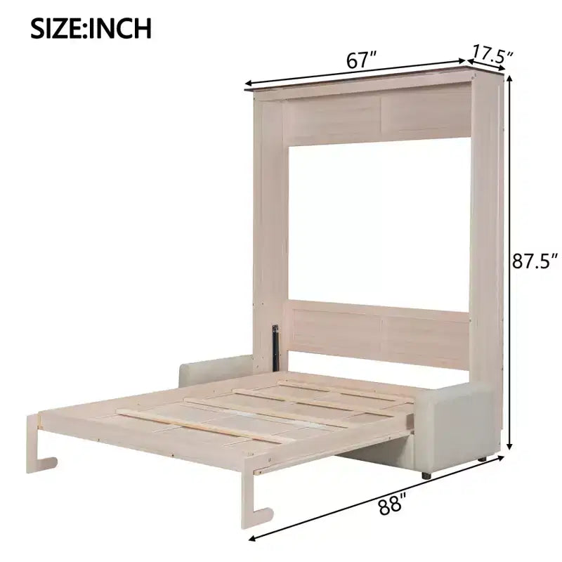 Queen Size Murphy Bed with Sofa, Wooden Queen Cabinet Bed Wall Bed with LED Light, Folding Wall Chest Bed with for Guest Room, Beige