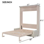Queen Size Murphy Bed with Sofa, Wooden Queen Cabinet Bed Wall Bed with LED Light, Folding Wall Chest Bed with for Guest Room, Beige