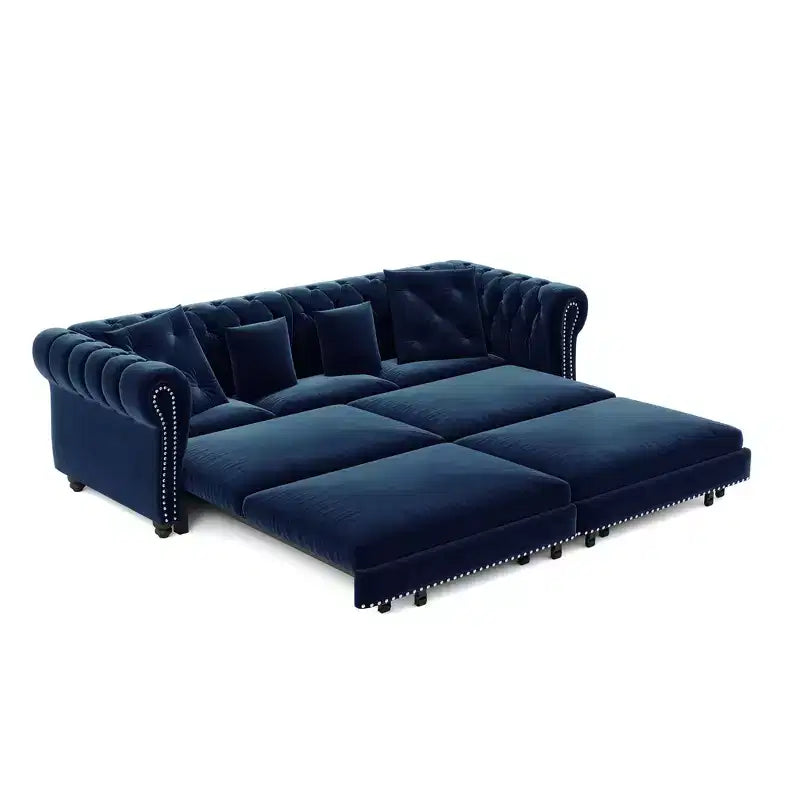 Whisen Velvet 3-in-1 King Size Pull-Out Sofa Bed & Convertible Sleeper Sofa with Movable Ottoman, Tufted Design