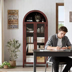 Mobile Contenitore Alto Ad Arco con Ante in Vetro, Libreria Espositiva a 5 Ripiani con Mensole Regolabili per Cucina o Soggiorno