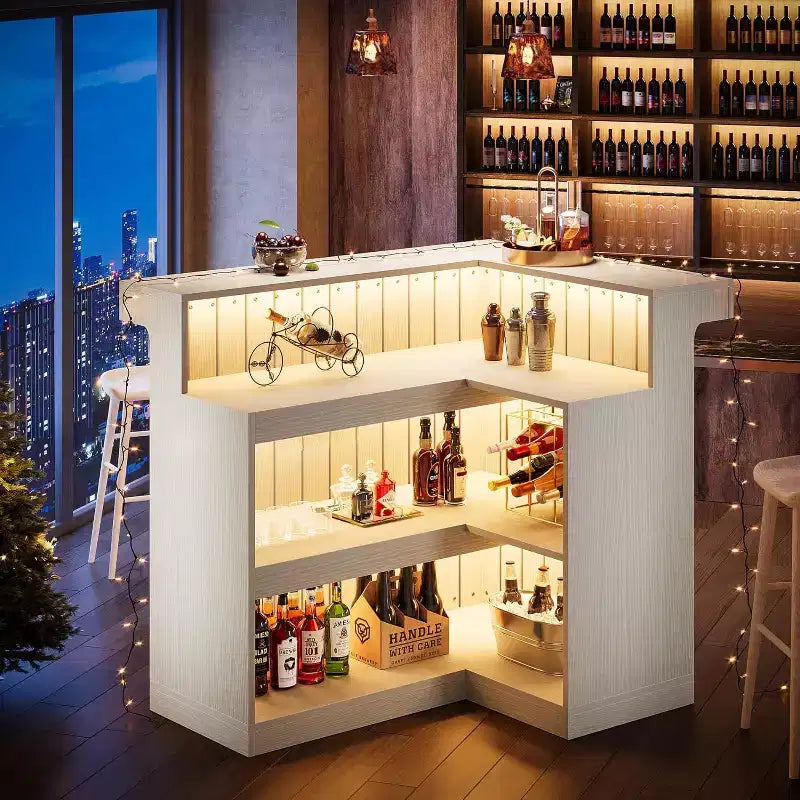 Lantine L-Shaped Home Bar Unit, 4-Tier Corner Liquor Bar Table with Storage Shelves and Wine Glasses Holder for Home Pub