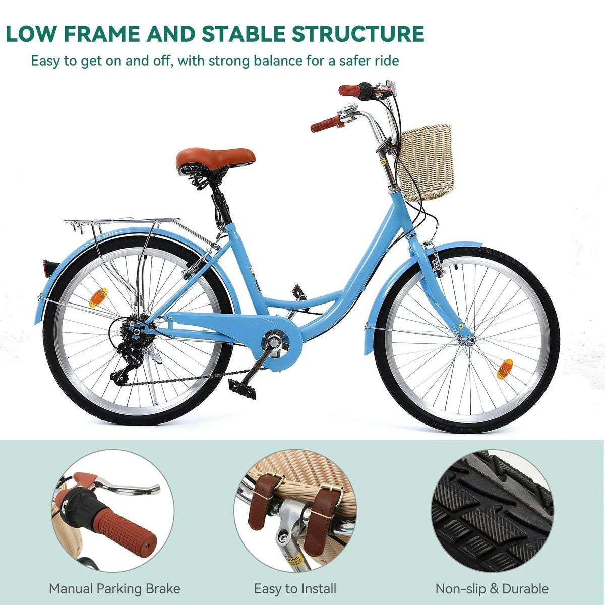 Moasis24/26 Bicicletta Cruiser a 7 velocità Regolabile con Telaio Ribassato, per Pendolari