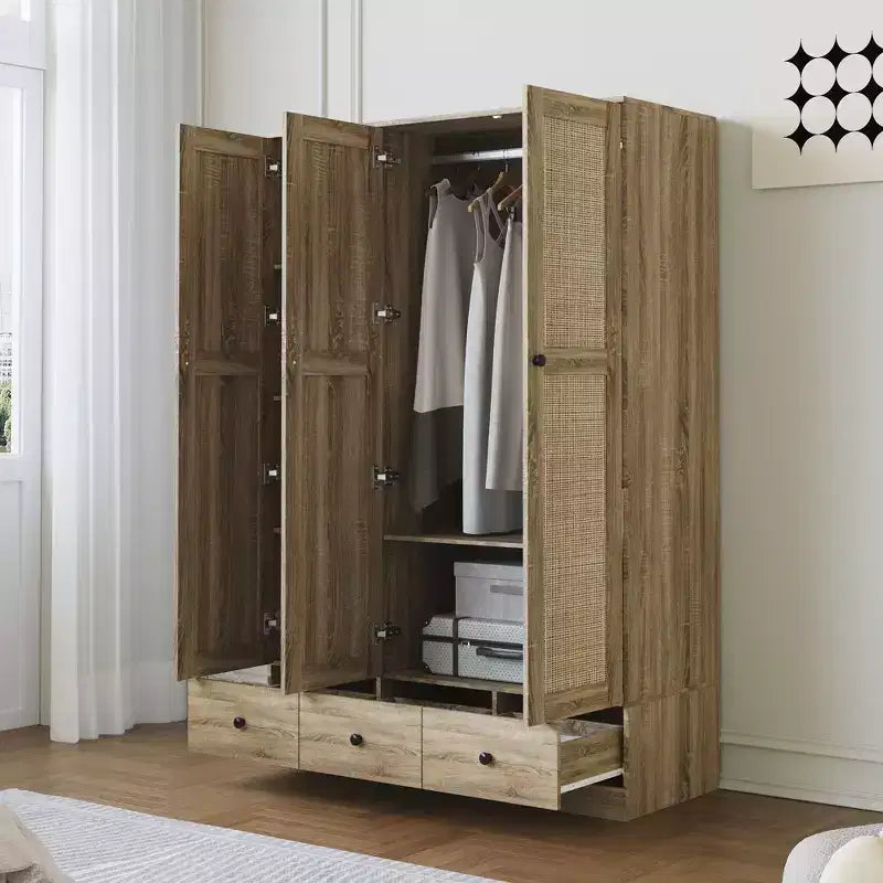 Famapy Rattan Wardrobe with 3 Drawers,3 Breathable Rattan Doors Closet,Farmhouse Style Tall Storage Armoire for Bedroom