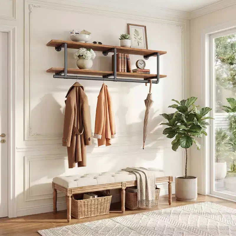 Besiost 2-Tier Clothing Rack with Hanging Rod, Clothing Shelves with Top Shelf