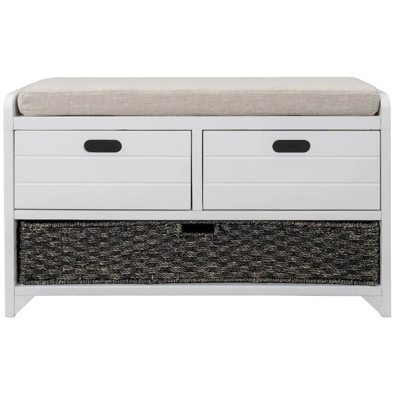 Wood Storage Bench with 2 Woven Baskets