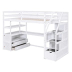 Twin Size Loft Bed with Desk and Shelves, Two Built-in Drawers, Storage Staircase
